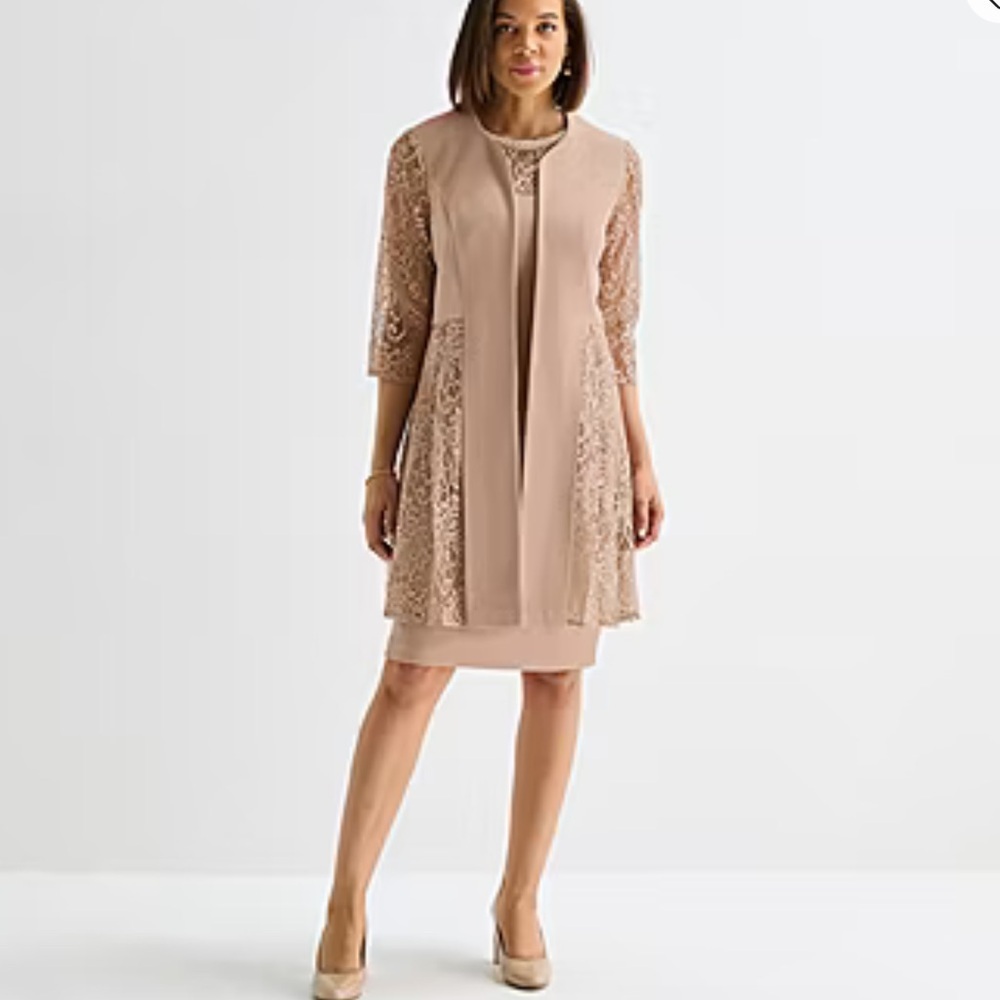 Maya Brooke Lace Overlay Dress and Jacket Set in Taupe Sz 18 NWT